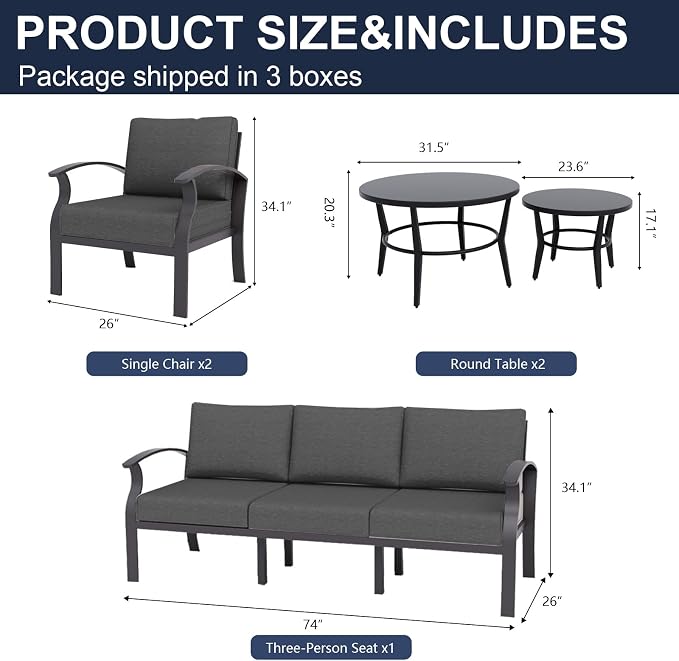 Kurapika Aluminum Patio Furniture Set 5-Seat Modern Metal Outdoor Conversation Sets w/5.1 Inch Cushion Patio Sectional Sofa with 2 Round Coffee Tables, Black