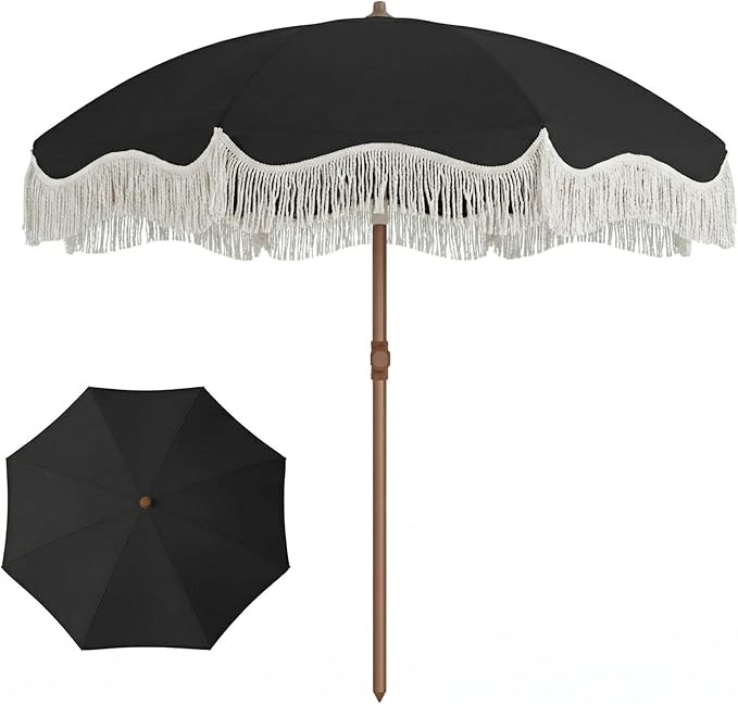 7ft Patio Umbrella with Fringe, Boho Beach Umbrellas, Outdoor Tassels Umbrellas with Push Button Tilt & Carrying Bag, 8 Windproof Fiberglass Ribs, UPF50+