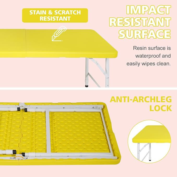 Portable 4Ft Folding Table, Heavy Duty Plastic Fold-in-Half Utility Foldable Table Small, Adjustable Height Plastic Folding Table with Carrying Handle for Camping &Party Indoor/Outdoor(Yellow)