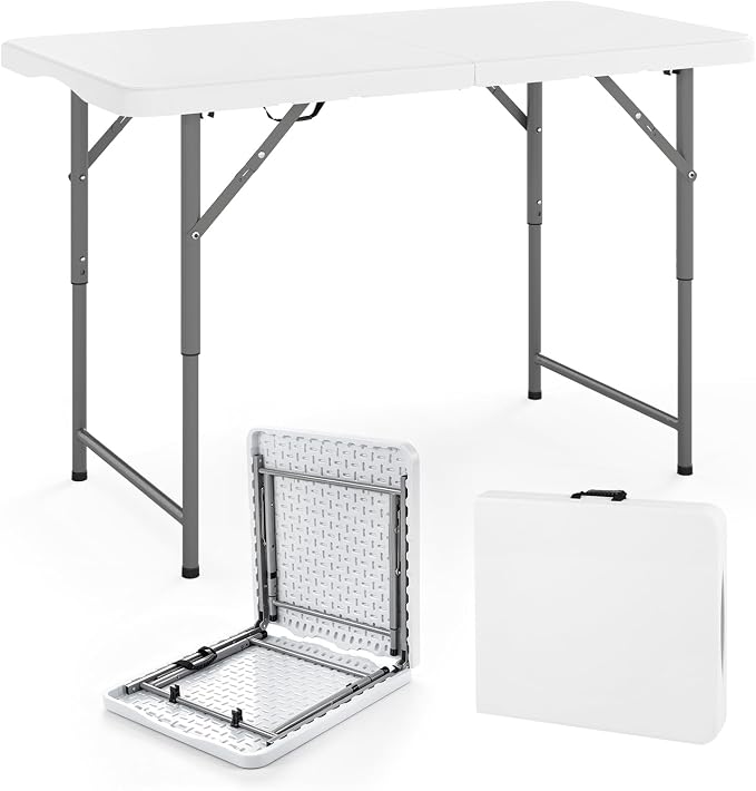Goplus 4 FT Portable Camping Table, Adjustable Fold-in-Half Table with HDPE Tabletop & Metal Legs, Patio Folding Dining Table with Safety Lock & Carrying Handle for Party, Picnic & Fishing