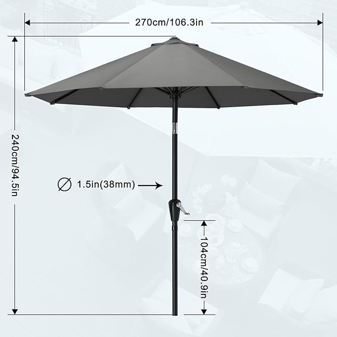 MASTERCANOPY 9FT Patio Umbrella with Push Button Tilt and Crank, Outdoor Market Umbrella with 8 Sturdy Ribs, UV Protection & Waterproof for Garden, Deck, Backyard, Pool (Dark Gray)