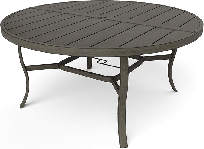 HAPPATIO Round Outdoor Dining Table, 61-inch Aluminum Patio Table with Umbrella Hole, All-Weather Aluminum Frame for Deck Lawn Garden Backyard Balcony Deck