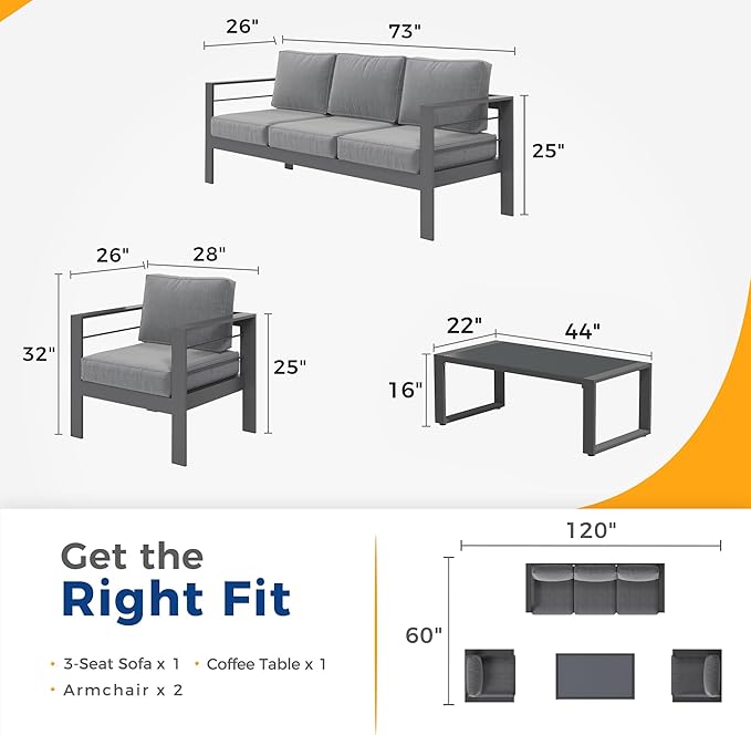 Solaste Aluminum Patio Furniture Set, 4 Pcs Modern Outdoor Conversation Set Couch Sofa with Upgrade Cushion and Glass top Coffee Table,Grey