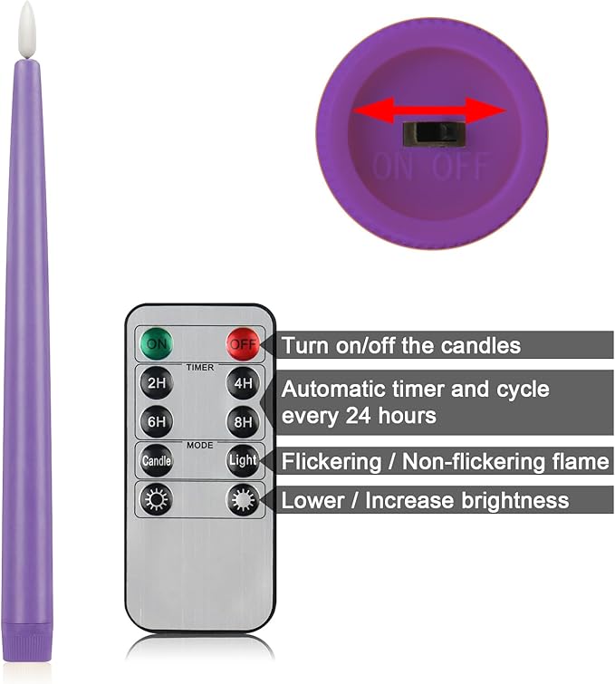 CVHOMEDECO. Flameless Taper Candles with 10-Key Remote, Battery Operated Led Flickering 3D Wick Window Candles Real Wax Finished Home Christmas Party Decor 0.78 x 11 Inch, Pack of 3, Purple