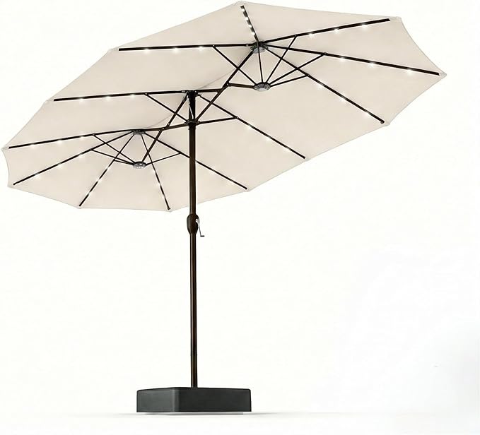 15FT Patio Umbrella with Solar Lights, Double-Sided Extra Large Outdoor Table Umbrella with Base Included, Heavy-Duty 12 Iron Ribs Market Umbrella for Garden, Pool, Backyard, Creamy White