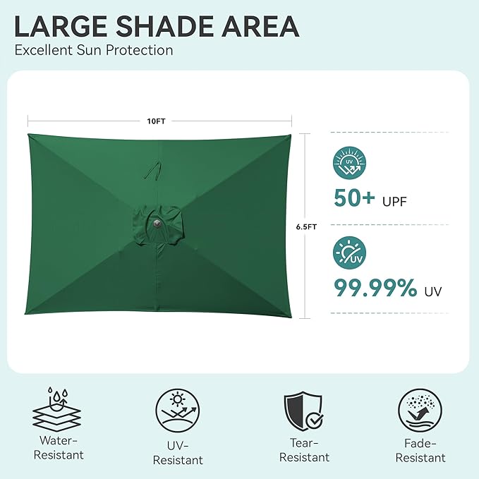 HASLE OUTFITTERS Rectangular Patio Umbrella, 6.5 x 10 ft Rectangle Table Umbrellas w/Heavy Duty Ribs, Effortless Crank and Push Button Tilt, Wind Resistant Sun Umbrella for Outdoor Patio, Dark Green