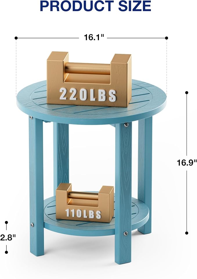 YEFU Outdoor Side Table for Patio: 16in HIPS Small Round Outdoor End Table - 2-Tier Adirondack Tables for Patio Porch Yard Poolside Living Room Beach Bedroom (Blue, 1 Pack)