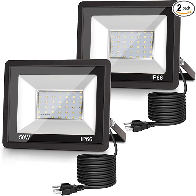 L LOHAS LED Dusk to Dawn Floodlight Outdoor, 50W Auto On/Off 6000K Daylight Plug in Flood Lights, IP66 Waterproof Work Light, 2300LM Security Lights for Yard, Garage, UL Listed, 2Pack