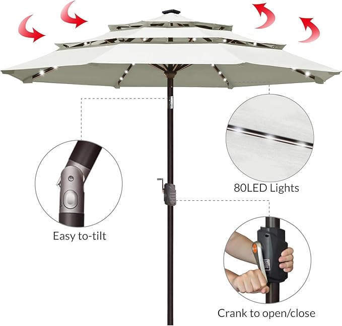 EliteShade USA 10-Year-Non-Fading 9ft 3-Tier Market Patio Umbrella, Commercial Table Umbrella with 80 Solar LED Lights, Crank Open, Windproof & UPF 50+ UV Protection for Garden, Deck, Pool, Backyard, White