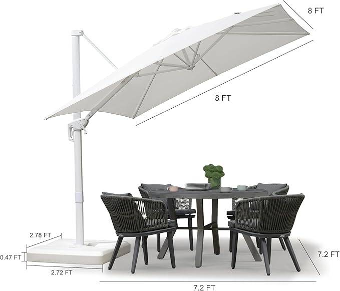 PURPLE LEAF 8 FT Patio Umbrella With Base White Cantilever Umbrella Square Outdoor Offset Umbrella Windproof with 360° Rotation for Garden Deck Pool, White