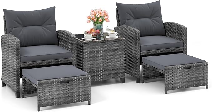 HAPPYGRILL 5-Piece Outdoor PE Rattan Conversation Set, Wicker Patio Furniture Set with Cushion, Ottoman & Coffee Table for Backyard Garden Poolside Lawn Deck Porch (Mix Grey & Grey)