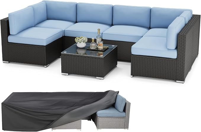 Betterland 7 Piece Outdoor Sectional Sofa Patio Furniture Set, All-Weather PE Rattan Wicker Patio Conversation Set with Washable Cushion, Glass Table and Waterproof Cover(Haze Blue)