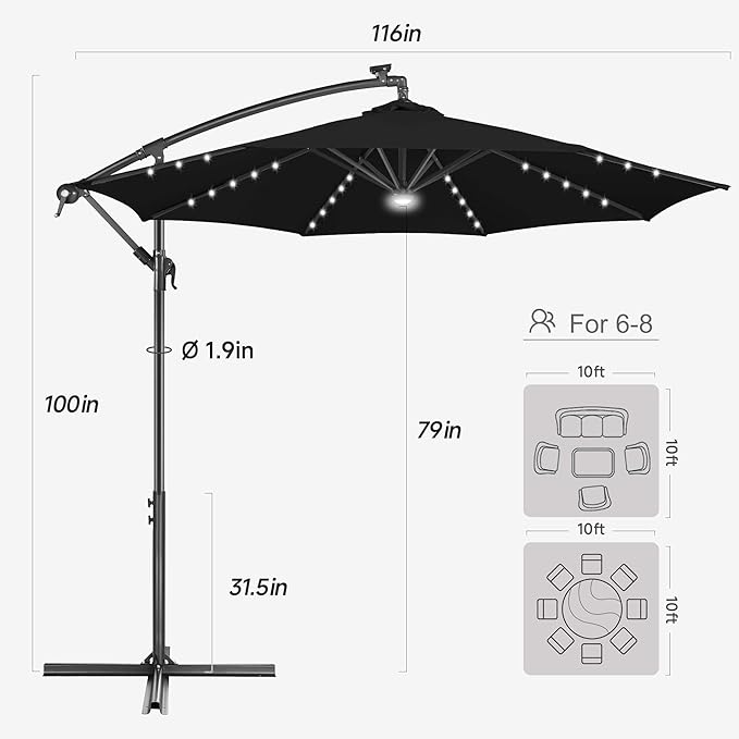 FLAME&SHADE 10ft Solar Cantilever Umbrella with 40 LED Lights, Lighted Large Offset Outdoor Patio Umbrellas, 8 Sturdy Ribs, UPF50+ UV Protection for Pool Deck Garden Yard, Black