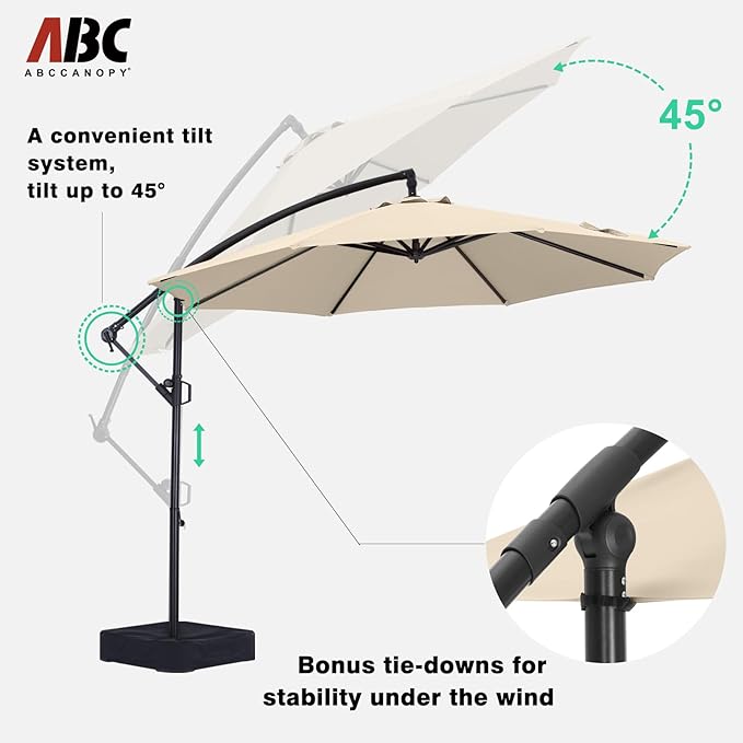 ABCCANOPY 10FT Cantilever Patio Umbrella with base included, 360° Rotation Outdoor Offset Umbrella Bonus Fix Frame & Weights Bag for Backyard, Deck, Poolside (Light Beige)