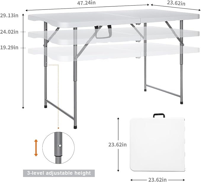 Lakhow Folding Table 4 Foot Portable Heavy Duty Plastic Fold-in-Half Utility Table with Carrying Handle,Indoor Outdoor Small Adjustable Height Folding,Camping and Party,White
