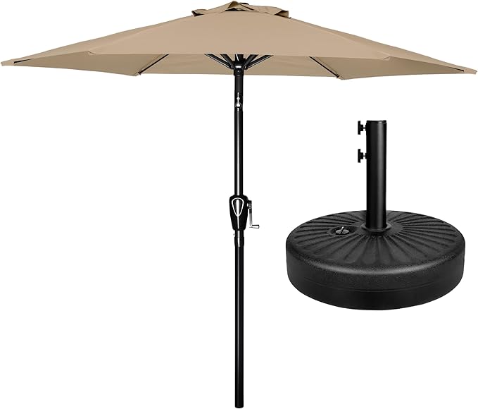 Simple Deluxe 7.5ft Patio Umbrella Outdoor Table Market Yard Umbrella with Round Umbrella Base Stand for Garden, Deck, Backyard, Pool, Tan