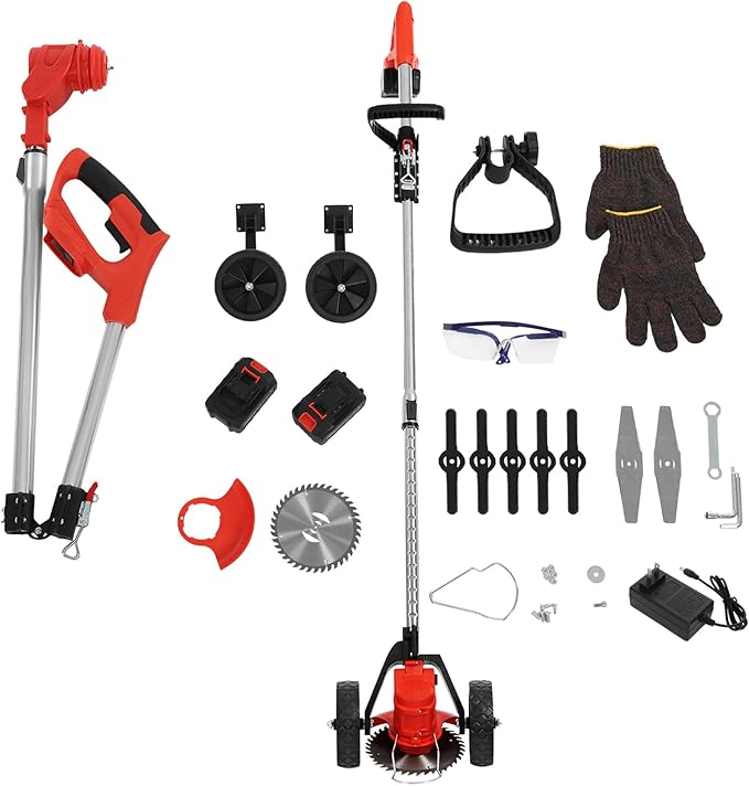 Cordless Weed Trimmer 21V 800W - Electric Lawn Trimmer with 2 Batteries, Cordless Weed Wacker， 5.9" Metal Blade, Adjustable 47-59" Pole for for The Garden and Yard