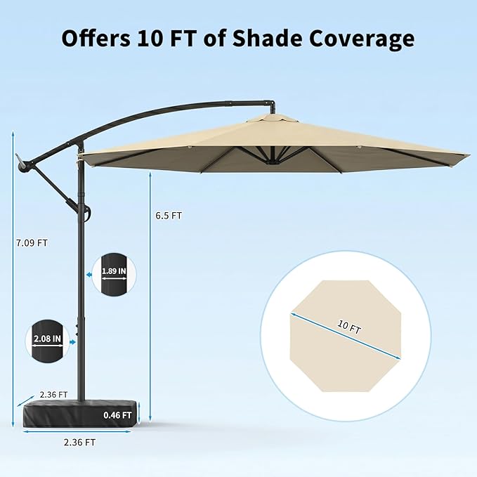 10ft Cantilever Offset Patio Umbrella with Base, Large Outdoor Patio Umbrella, 360° Rotation & Easy Tilt Adjustment, UV Protection Waterproof Patio Umbrellas for Backyard, Garden, Patio, Deck, Pool