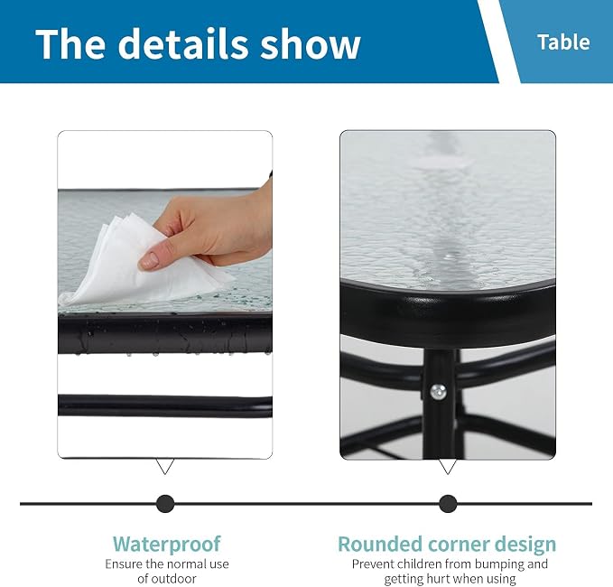 Outdoor Patio Table with Umbrella Hole, 32 inches Tempered Glass Top Square Patio Table,Conversation Coffee Table Metal Steel Frame All-Weather Furniture for Balcony, Backyard and Poolside