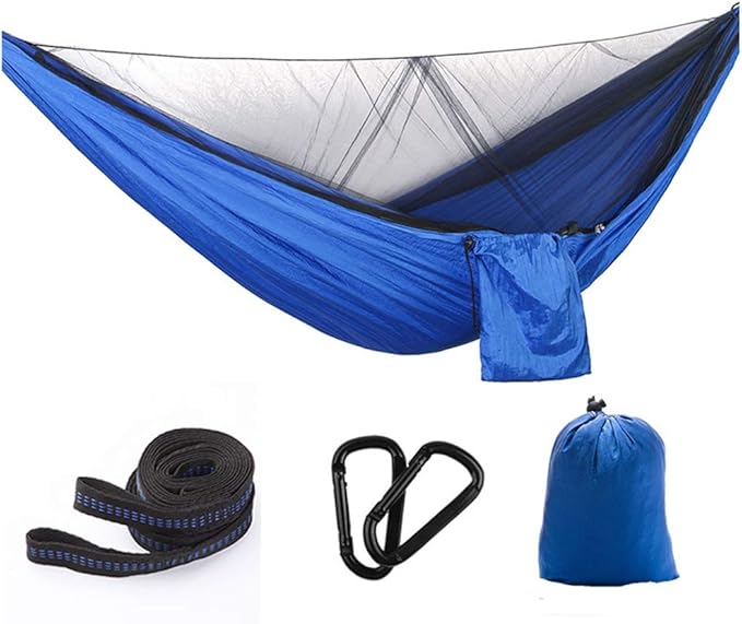 Camping Hammock, Hammock Automatic Speed Open Outdoor Leisure with Mosquito Net Single Double Ultra Light Quick-Drying Parachute Cloth Camping Swing(Blue)