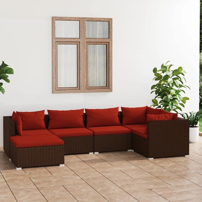 6 Piece Patio Lounge Set with Cushion, Furniture Conversation Sets Piece Patio Set Outdoor Patio Sectional Patio Lounge Set s Poly Rattan Brown