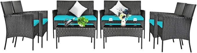 Tangkula 8 Piece Patio Furniture Set, Outdoor Wicker Conversation Set with Tempered Glass Coffee Table, Rattan Loveseat & Chairs Set with Seat Cushions for Backyard, Garden, Poolside (2, Turquoise)