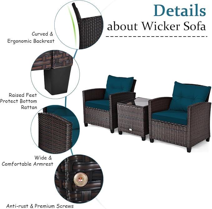COSTWAY 3PCS Patio Furniture Set, PE Rattan Wicker Sofa w/Washable Cushion and Coffee Table, Tempered Glass Tabletop, Outdoor Conversation Set for Balcony, Porch, Yard, Backyard, Lawn (Blue)