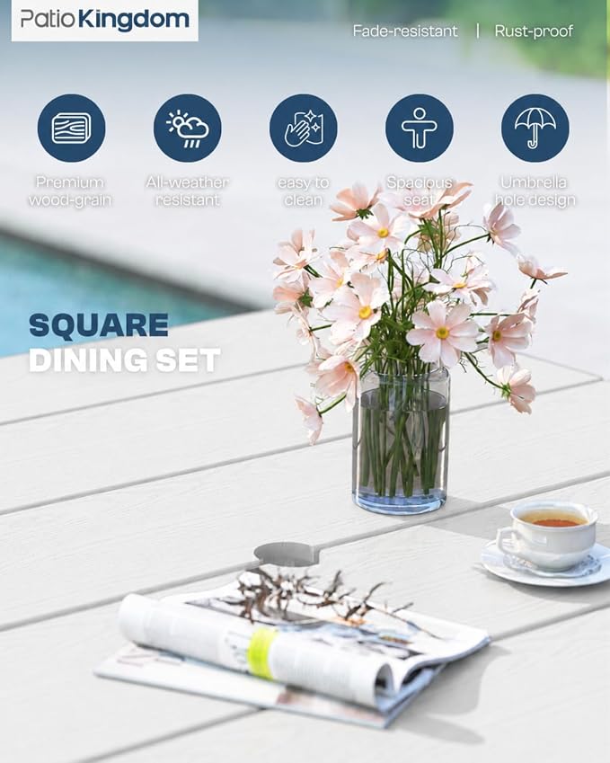 HDPE Outdoor Dining Set for 4 with 10FT Umbrella, White | All-Weather HDPE, Wood Grain Finish, 42.5" Square Table, Built-In Umbrella Hole, Seats 4, Patio & Poolside Ready
