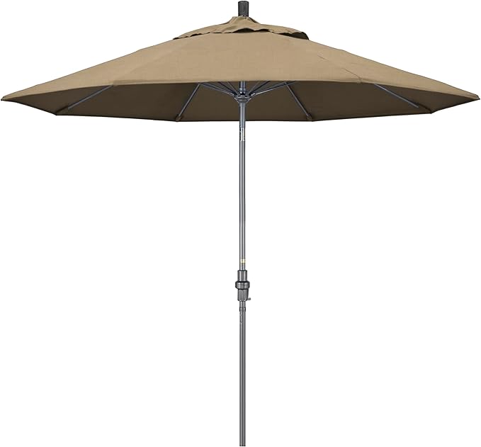 California Umbrella 9' Rd. Crank Lift, Collar Tilt, Aluminum Pole, Fiberglass Rib Patio Umbrella, Hammertone Grey Finish, Sunbrella Heather Beige