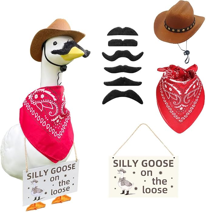 9pcs Cowboy Porch Goose Outfit,Lawn Goose Statue Costume | Fits 17"/23" Plastic/Cement Statue Goose Costume Dress for Front Outdoor Courtyard Garden Patio Yard Decoration