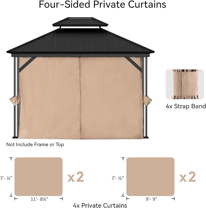 Covered Outdoor Gazebo Curtain Replacement Universal 4-Panel Sidewalls 10' x 12', Outdoor Gazebo Privacy Curtains with Zipper, Replacement for Outdoor, Patio Canopy, Garden and Backyard (Curtain Only)