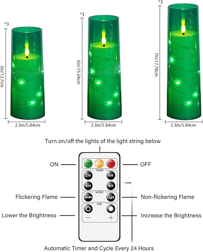 kakoya Flameless LED Candles with Timer 9 Pc Flickering Flameless Candles for Romantic Ambiance and Home Decoration Stable Acrylic Shell,with Embedded Star String，Battery Operated Candles（Green）