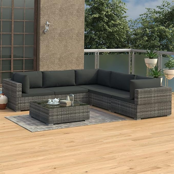 6 Piece Patio Lounge Set with Cushions, Outdoor Dining Sets Front Porch Furniture Patio Conversation Set Outdoor Sofa Sets for Piazza Negotiation Area Poolside Garden Poly Rattan Gray