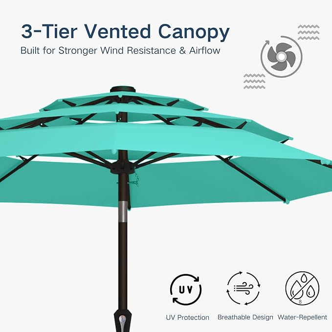 10FT Patio Umbrella 3 Tiers Outdoor Market Umbrella w/Push Button Tilt, Crank, UV and Waterproof Table Umbrella for Garden, Pool, Backyard, Deck, Lawn, Turquoise Blue