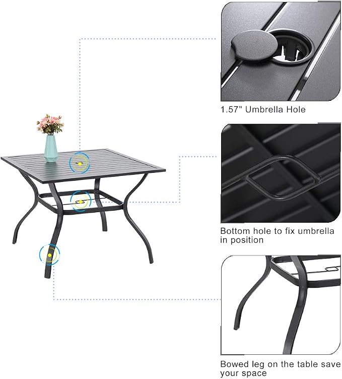 PHI VILLA Outdoor Patio Dining Set with Umbrella, Outside Table and Folding Chair Set for 4 and 1 Large Patio Table Umbrella(Beige)