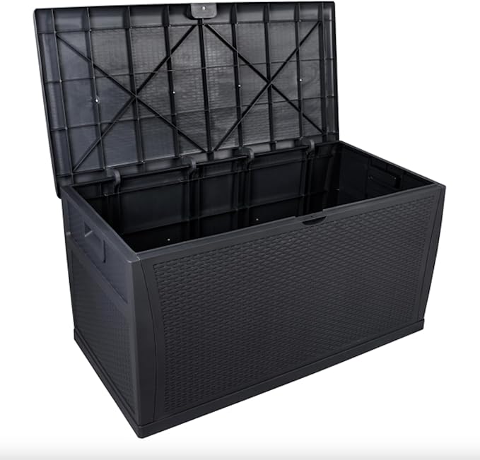 120 Gallon Large Resin Deck Box, Outdoor Organization Storage Container, Garden Storage Chest Lockable Seat for Patio Furniture, Tools (Black)