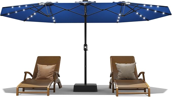15FT Double-Sided Rectangular Outdoor Patio Umbrella with Included Base & Solar LED Lights–UV-Resistant & Waterproof Canopy,Heavy-Duty Steel Frame,Large Sun Shade for Garden,Deck,Poolside & Backyard