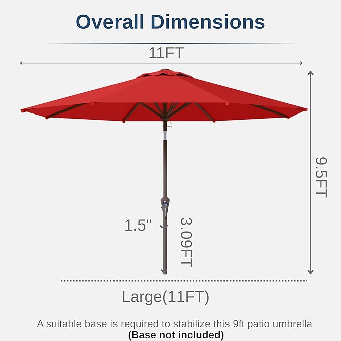 11FT Patio Umbrella, Outdoor Umbrella with with 8 Sturdy Fiberglass Ribs,Market Table Umbrella with Push Button Tilt and Crank,Suit for Backyard,Garden,Pool,Deck(Red)