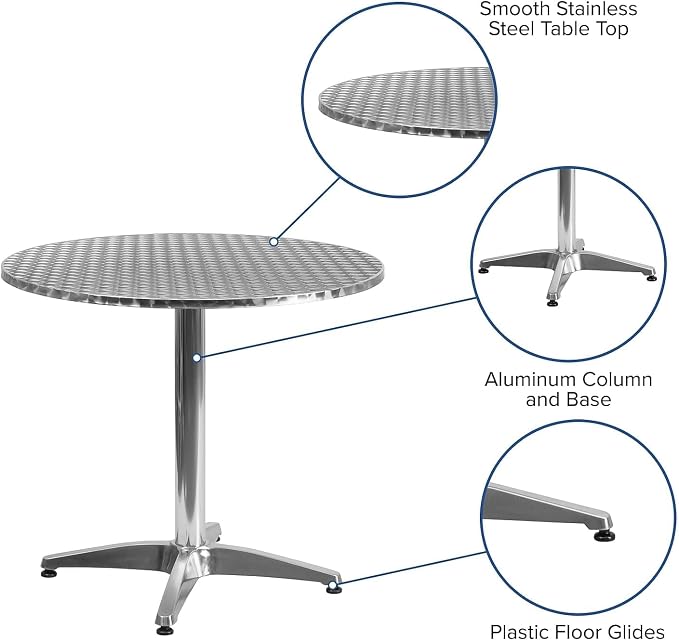 Pemberly Row 31.5" Round Bistro Table, Aluminum and Steel, Stainless Steel Top, Lightweight Design, Commercial and Residential Use, Outdoor/Indoor Patio Dining Table for Sunroom, Balcony, Deck