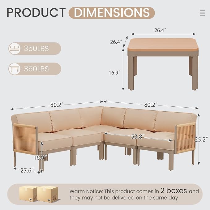 EROMMY 6 Pieces Patio Sectional Furniture Set, Metal Frame Outdoor Conversation Set with 6" Thick Cushions & Coffee Table, All-Weather Sectional Sofa for Poolside, Deck, Backyard, Beige