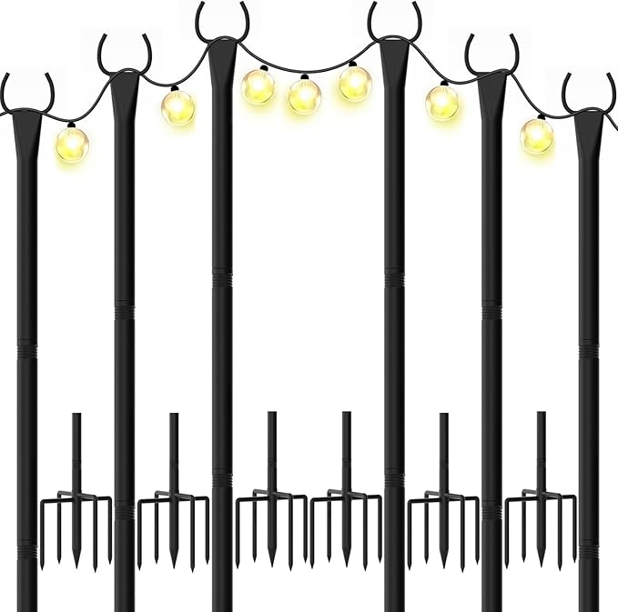 String Light Poles for Outside, 10ft Outdoor Poles for String Lights, Heavy Duty Stepped-in 5-Prong Base Light Pole for Backyard, Patio, Garden, Wedding & Party Decor (6 Pack)