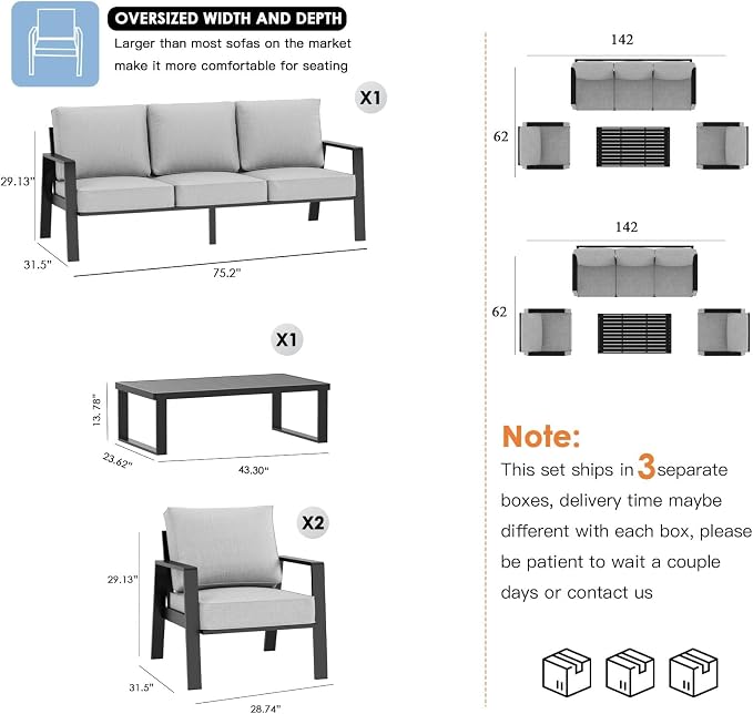 Aluminum Outdoor Patio Furniture Set, 4 Piece Sectional Coversation Sets with Coffee Table, Modern Outdoor Sofa Couch with Thick Cushions for Porch, Balcony, Garden, Light Grey