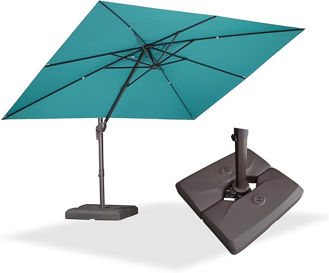 PURPLE LEAF 9' X 11.5' Rectangle Cantilever Umbrella with Base Patio Umbrella Outdoor Aluminum Antique Bronze Offset Hanging Umbrella with 360-degree Rotation for Pool Garden Backyard Deck, Turquoise