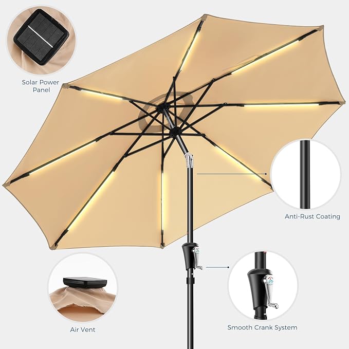 HOMSHADE 9ft Solar Patio Umbrella - Solar Lights LED Lighted UPF50+ UV Protection Umbrella, Outdoor Market Table Umbrella with Push Button Tilt, Crank for Pool Deck and Garden (Beige)