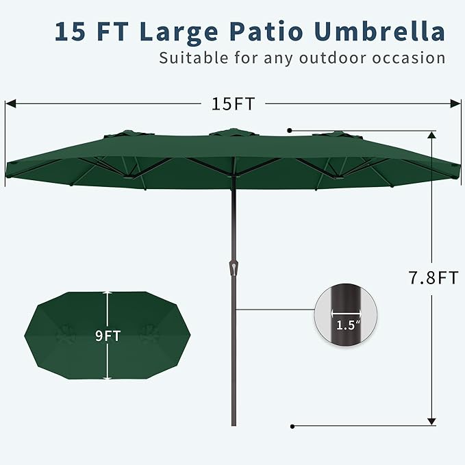 PatioKingdom 15FT Large Patio Umbrella with Base, Double Sided Rectangular Outdoor Umbrella with Sturdy Fiberglass Ribs, Market Umbrella for Pool,Garden,Backyard,Deck (Dark green, 15FT)