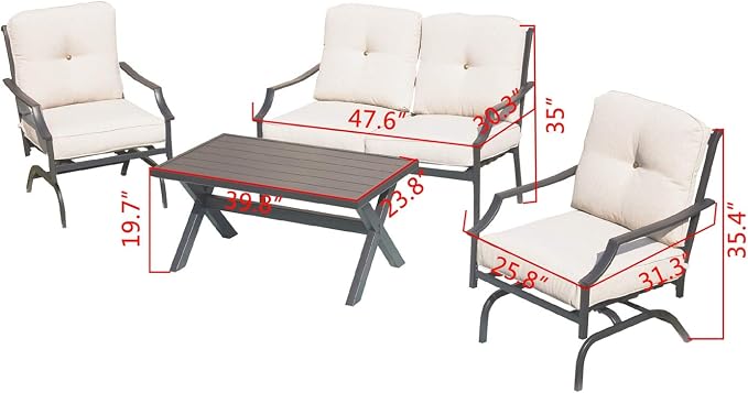 Patio Conversation Set Metal Outdoor Furniture Sets All Weather Cushioned Loveseat & 2 Rocking Chairs & 1 Coffee Table for Poolside Lawn Yard 4pcs