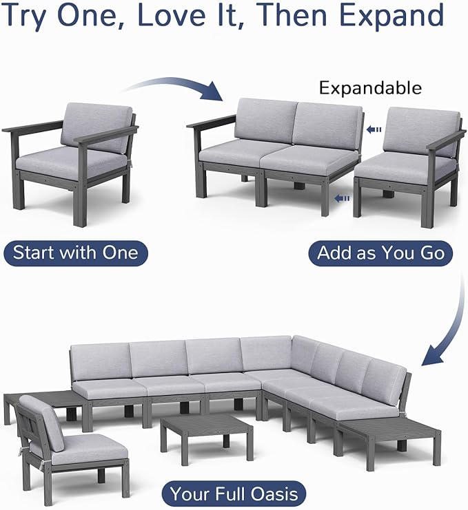 Stoog Modular Armchair with Removable Arms - HIPS Frame & Deep Seat Waterproof Patio Chair for Sectional, Grey