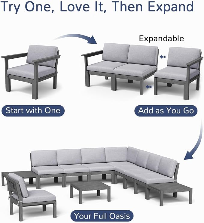 Stoog 3-Seater Patio Sofa, Modular Outdoor Sectional with Waterproof HIPS Frame & Quick-Dry Olefin Cushions – All-Weather for Backyard, Deck, Garden, Grey