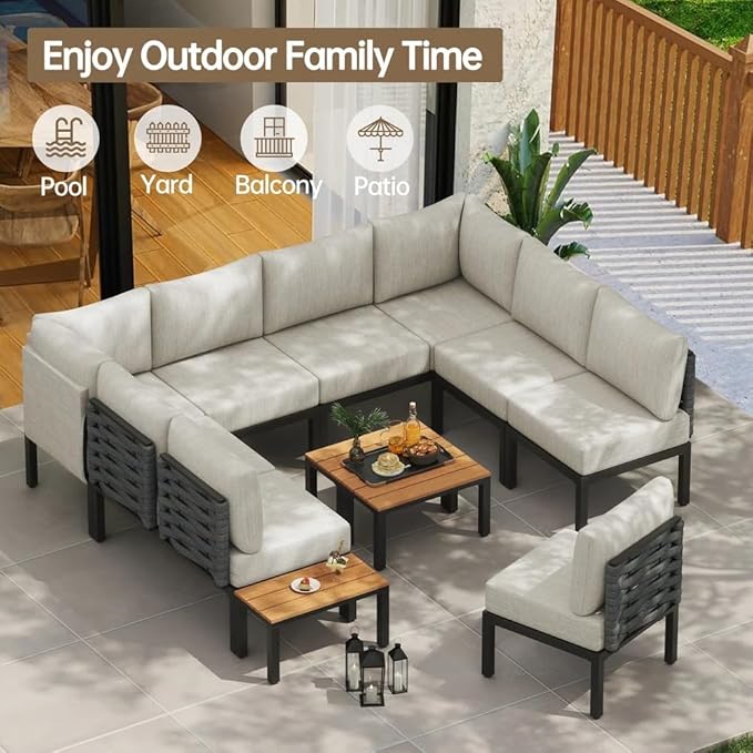 PIZZELLO 12 Pieces Outdoor Patio Furniture w/ 6" Thick Cushion, U-Shaped Sofa Set, All Weather Sectional Conversation Modular Couch for Garden, Deck, Lawn