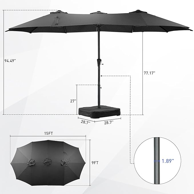 15 ft Patio Umbrella with Base, Large Rectangle Outdoor Umbrella with Matching Stand, Strap, Crank, Black